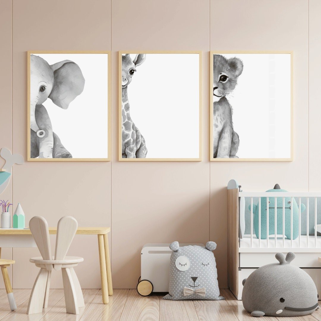 Nursery Safari Animal Wall Art, Black & White Baby Room Decor - WildfieldPrints