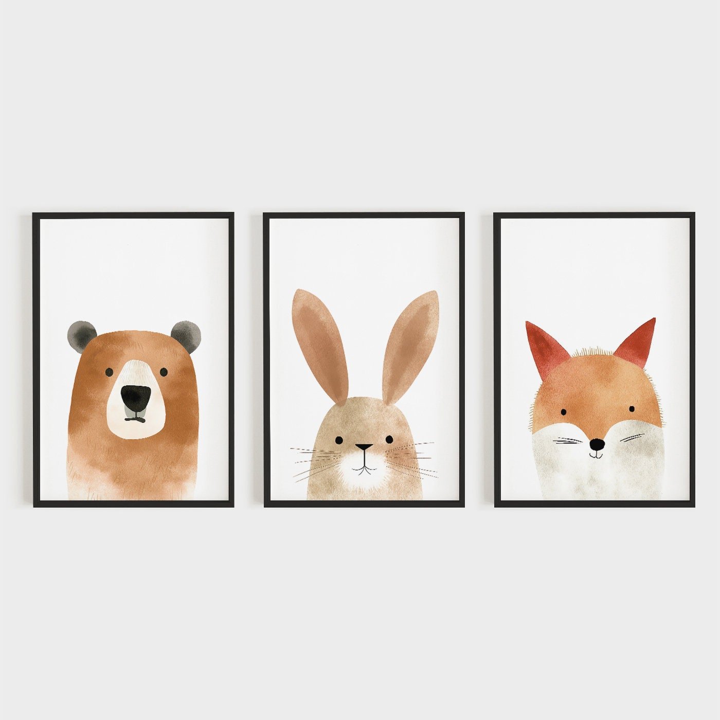 Nursery Wall Art Prints, Watercolor Animal Portraits, Bear, Bunny, Fox - WildfieldPrints