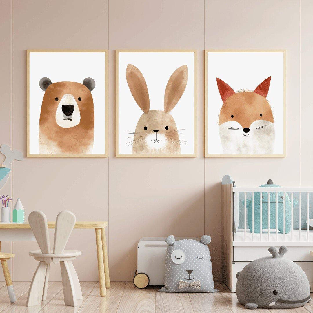 Nursery Wall Art Prints, Watercolor Animal Portraits, Bear, Bunny, Fox - WildfieldPrints