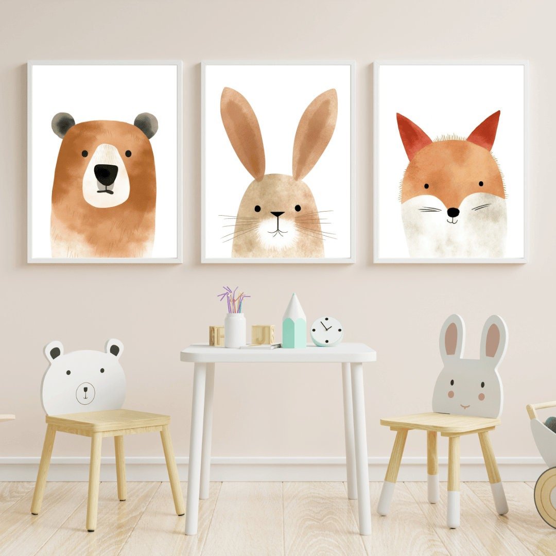 Nursery Wall Art Prints, Watercolor Animal Portraits, Bear, Bunny, Fox - WildfieldPrints