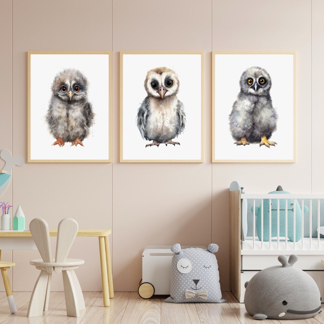 Owl Nursery Wall Art, Cute Animal Decor, Watercolor Prints - WildfieldPrints