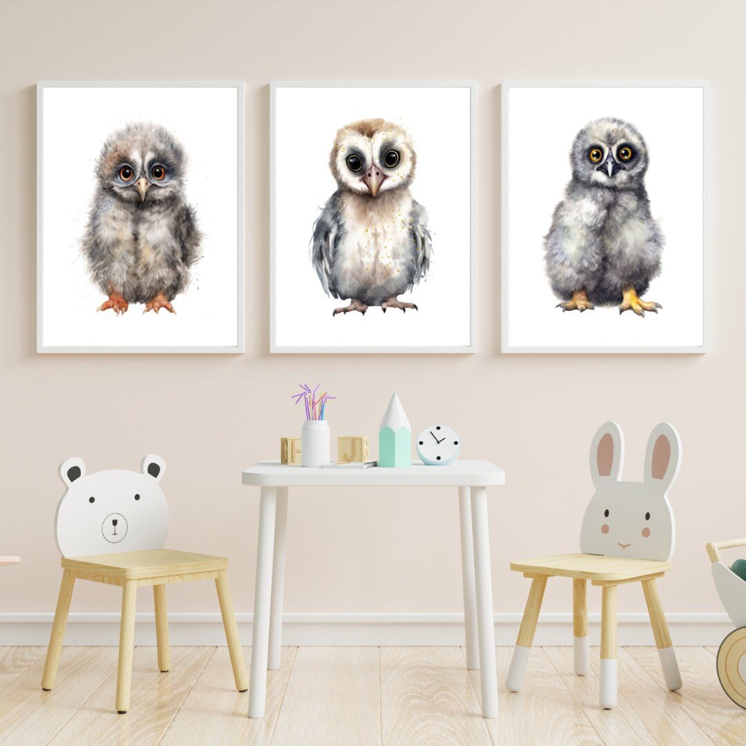 Owl Nursery Wall Art, Cute Animal Decor, Watercolor Prints - WildfieldPrints