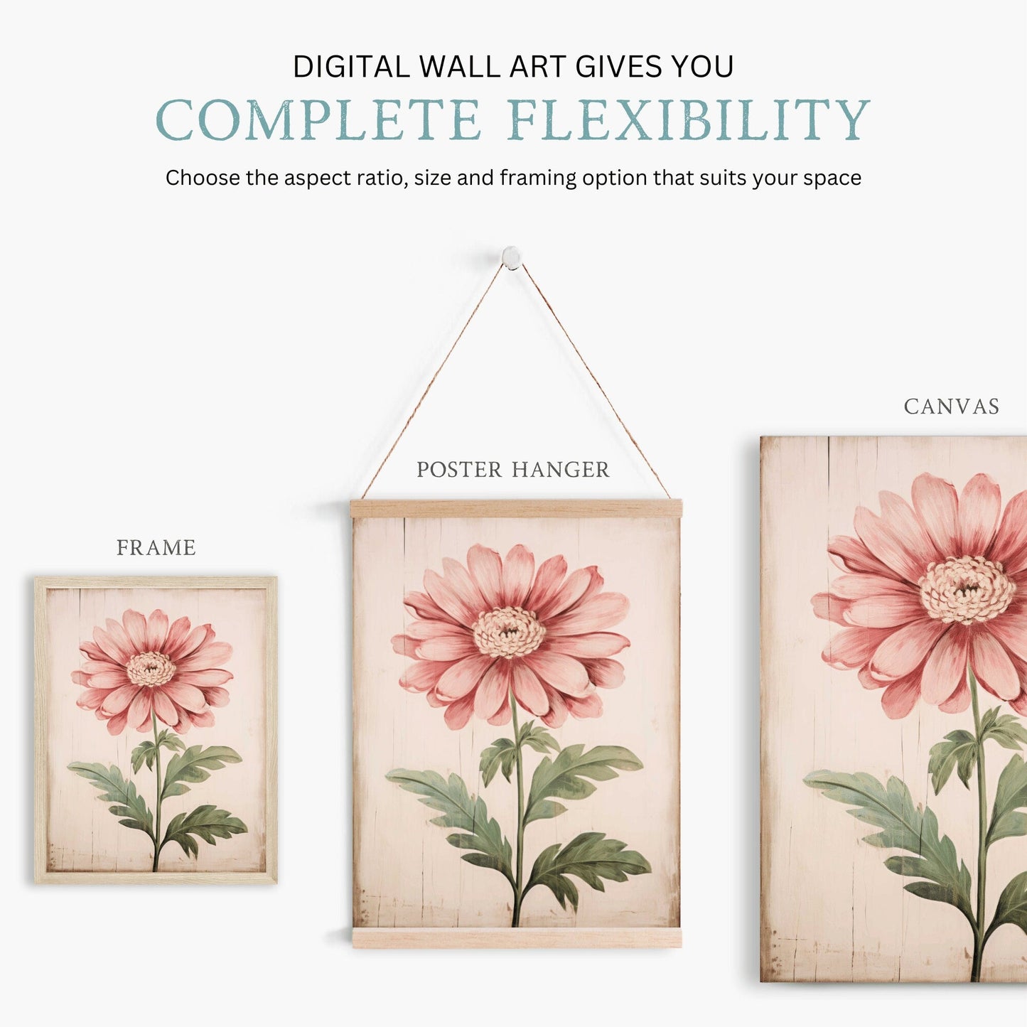 Pink Flower Art Print, Rustic Floral Wall Decor, Shabby Chic Design - WildfieldPrints