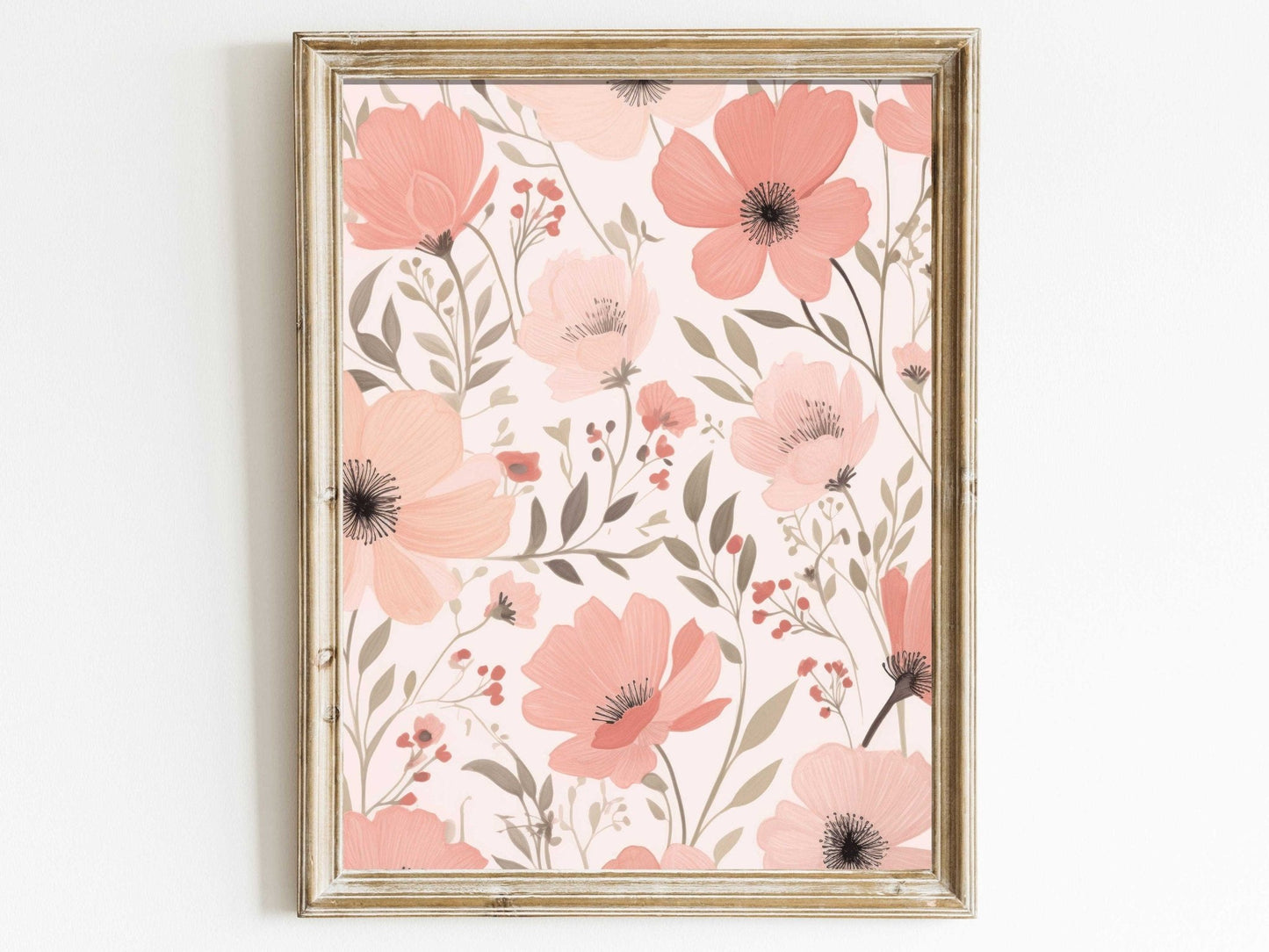 Pink Flower Prints, Coral Floral Pattern Wall Decor, Blooming Art - WildfieldPrints