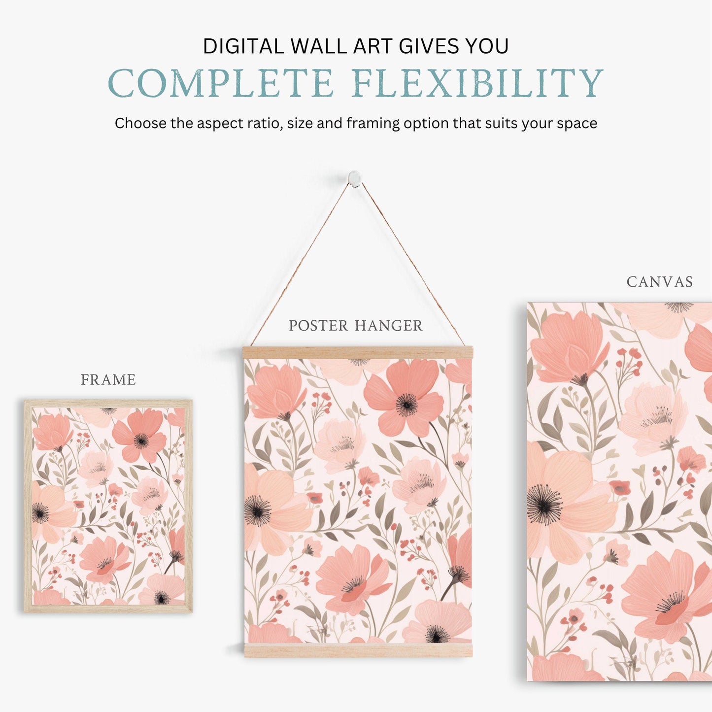 Pink Flower Prints, Coral Floral Pattern Wall Decor, Blooming Art - WildfieldPrints