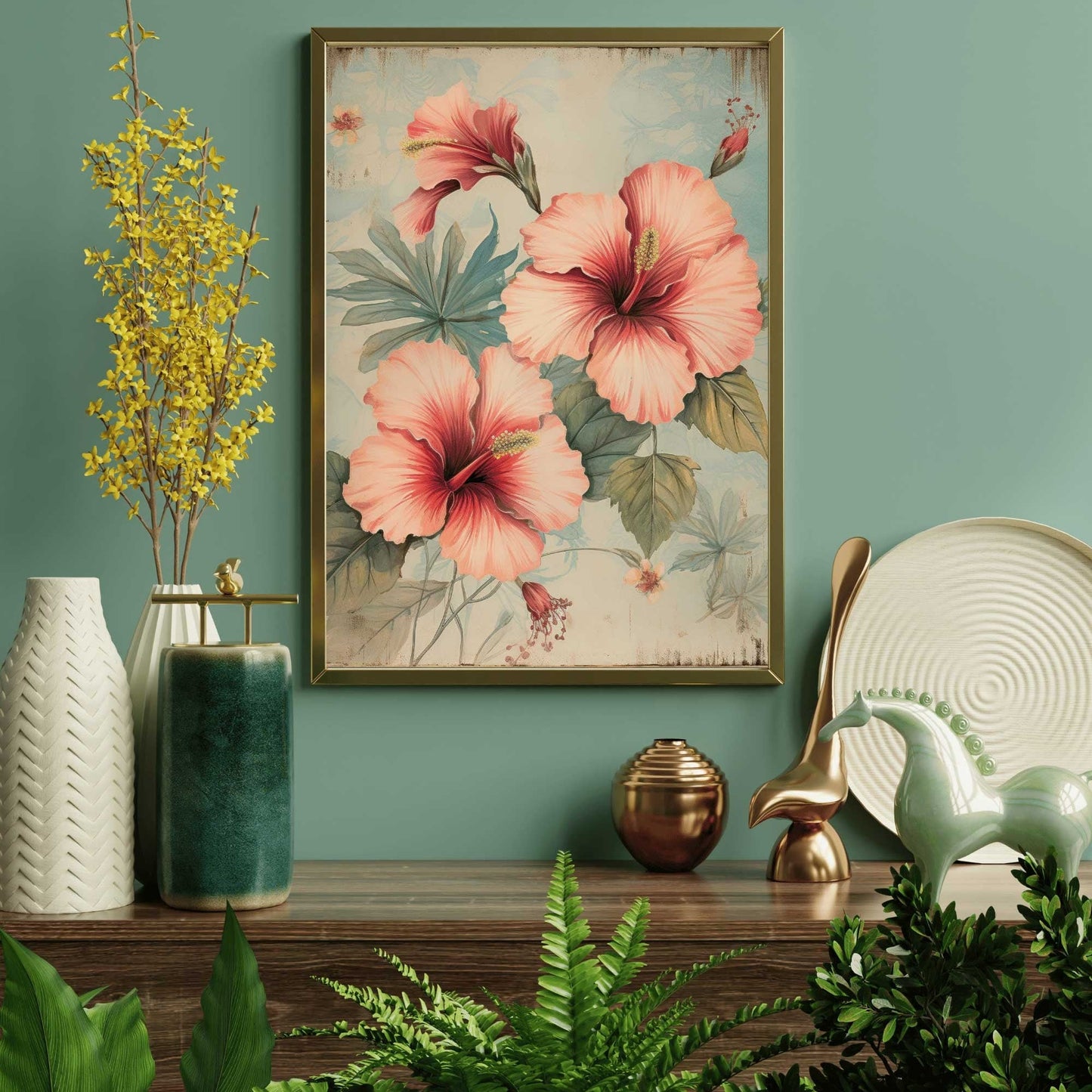 Pink Hibiscus Wall Art, Vintage Floral Decor, Rustic Flower Print - WildfieldPrints