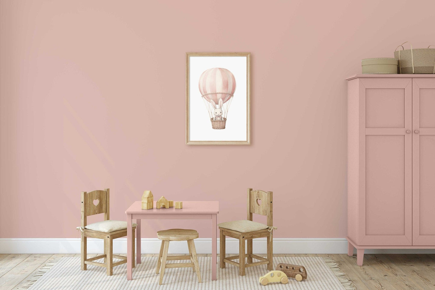 Pink Hot Air Balloon Nursery Print, Adorable Bunny Wall Decor, Gift Idea - WildfieldPrints