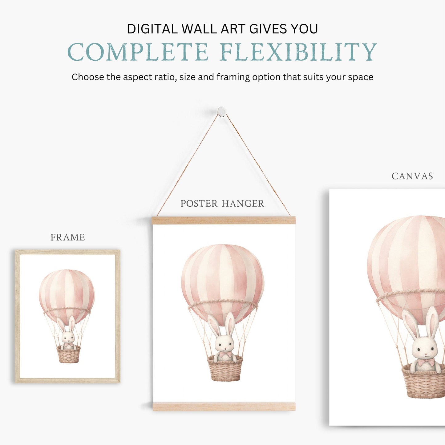 Pink Hot Air Balloon Nursery Print, Adorable Bunny Wall Decor, Gift Idea - WildfieldPrints