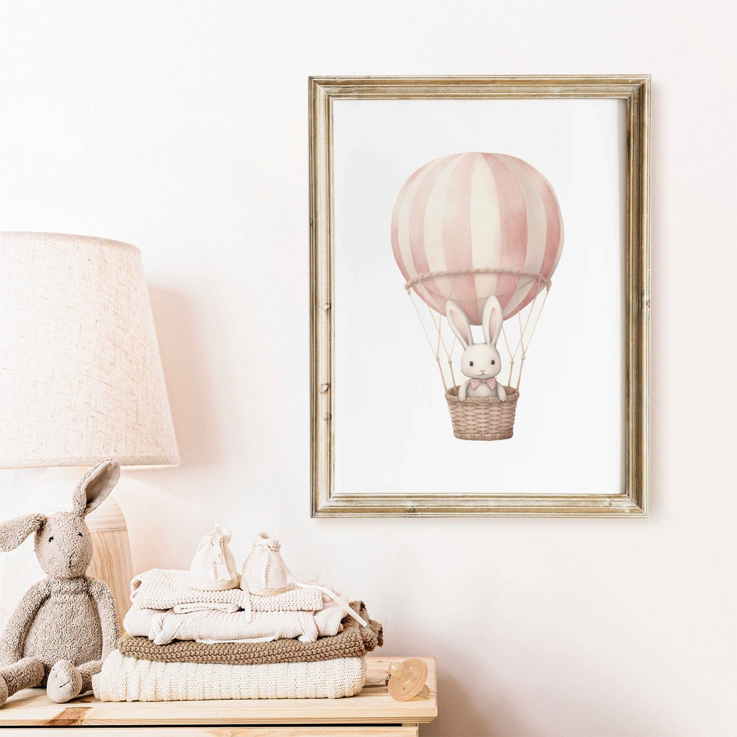 Pink Hot Air Balloon Nursery Print, Adorable Bunny Wall Decor, Gift Idea - WildfieldPrints