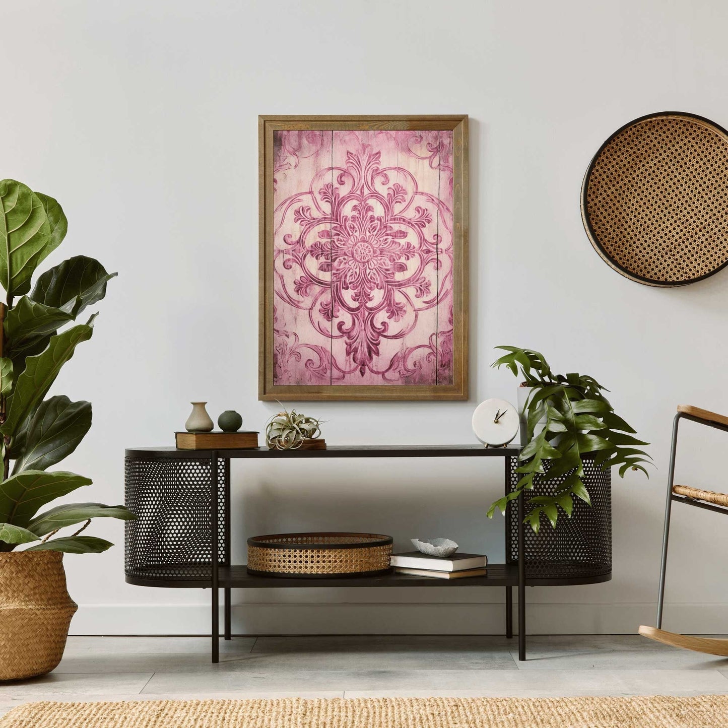 Pink Ornamental Design on Antique Wood, Rustic Farmhouse Wall Decor - WildfieldPrints