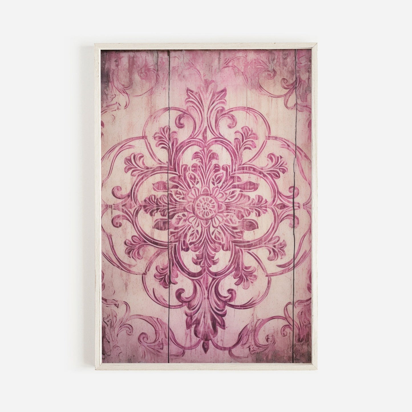 Pink Ornamental Design on Antique Wood, Rustic Farmhouse Wall Decor - WildfieldPrints