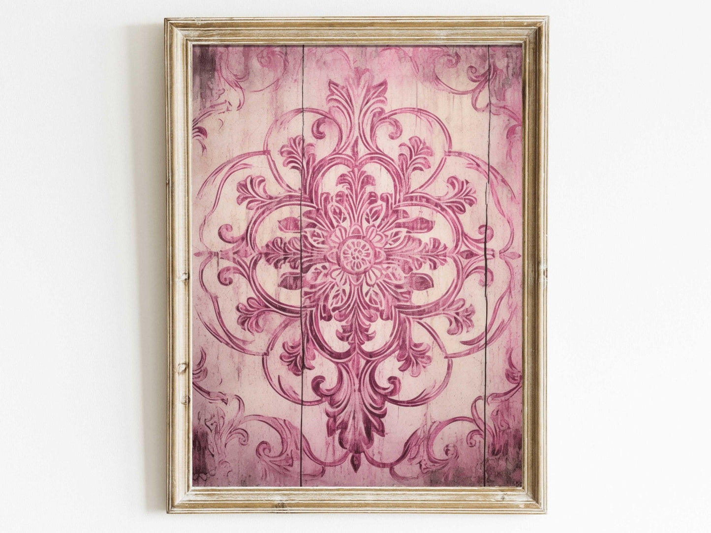 Pink Ornamental Design on Antique Wood, Rustic Farmhouse Wall Decor - WildfieldPrints