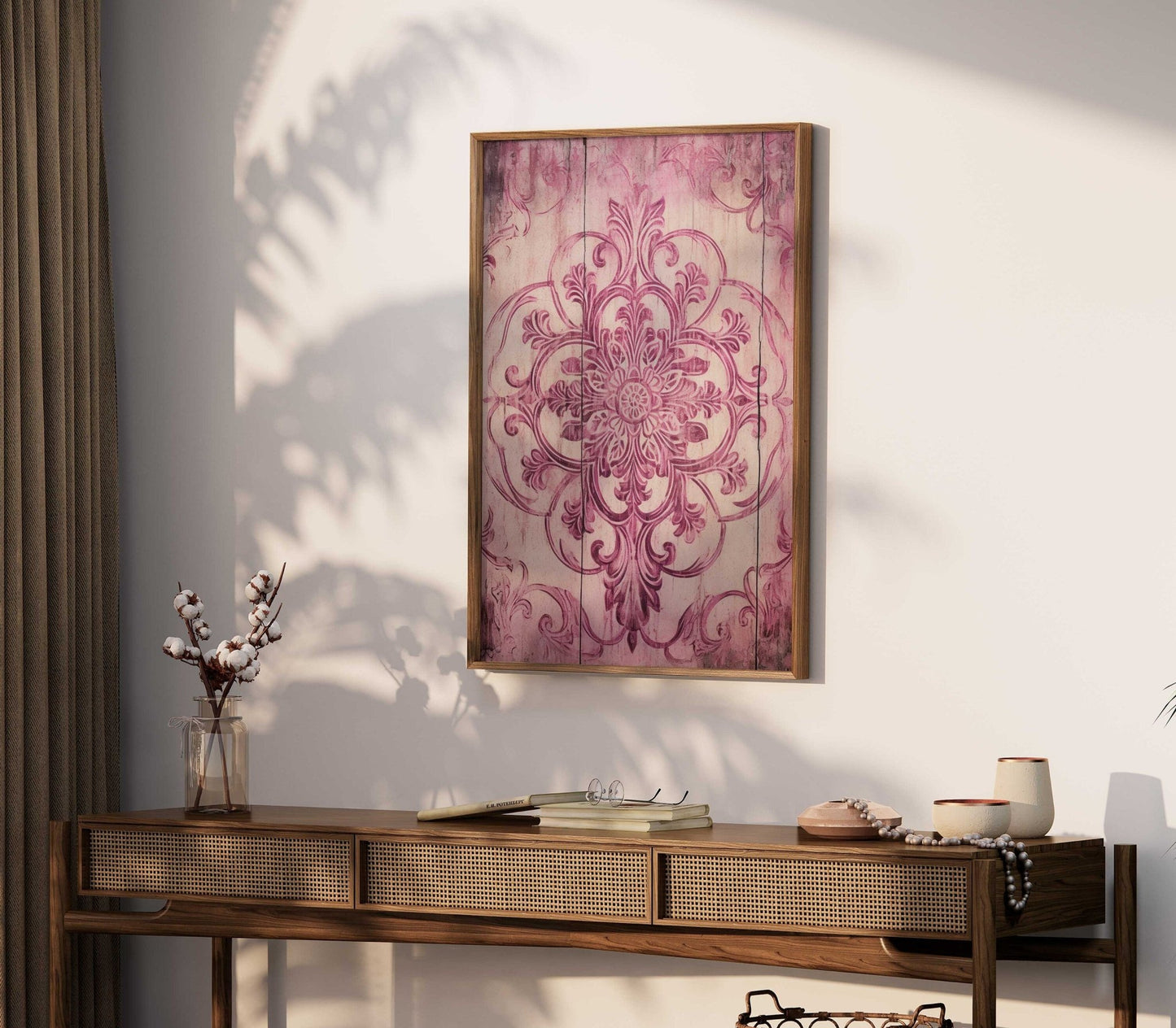 Pink Ornamental Design on Antique Wood, Rustic Farmhouse Wall Decor - WildfieldPrints