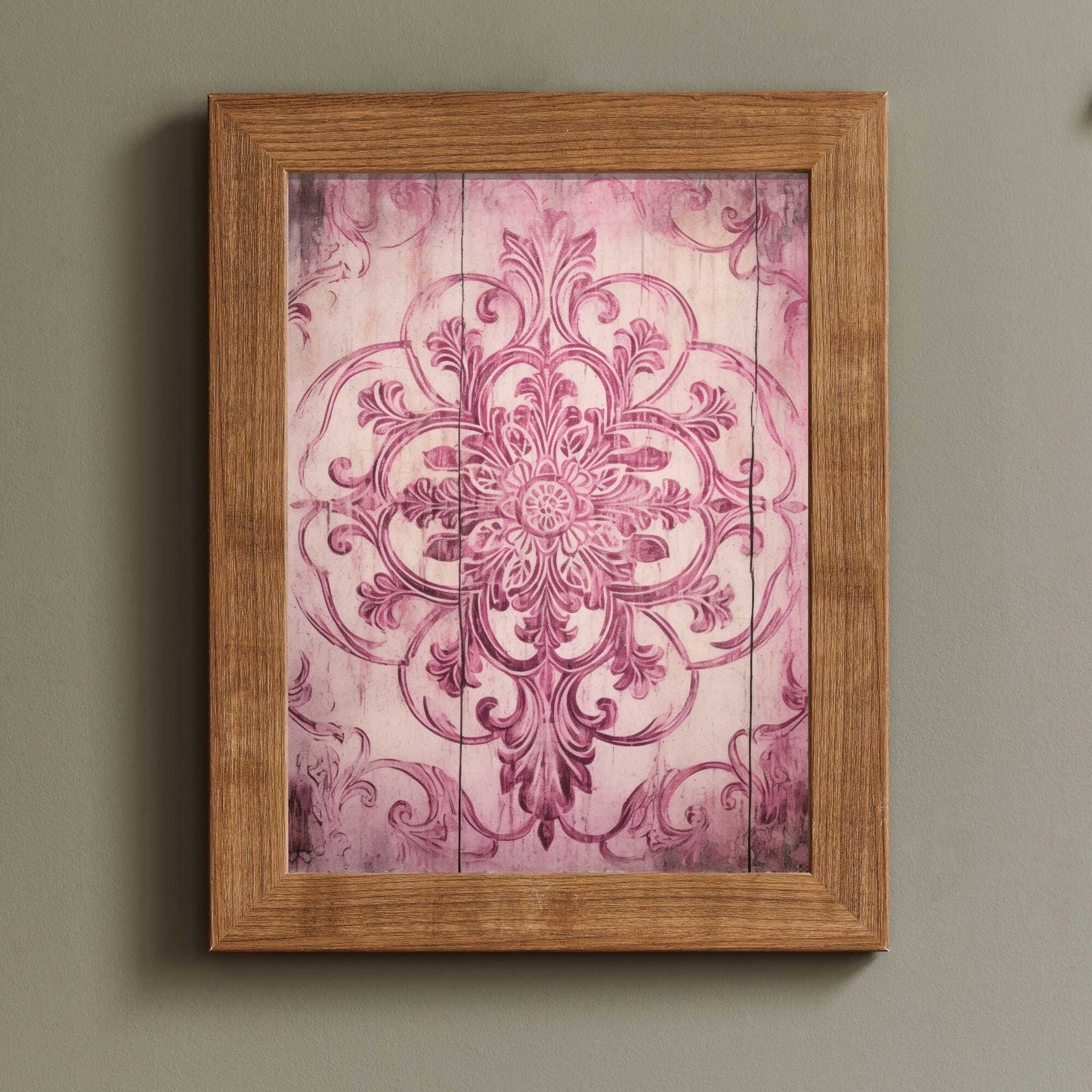 Pink Ornamental Design on Antique Wood, Rustic Farmhouse Wall Decor - WildfieldPrints