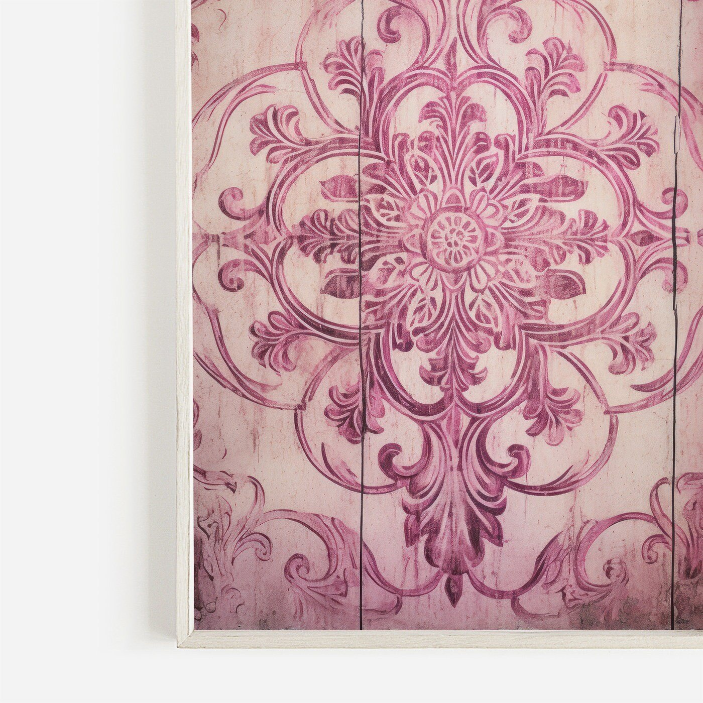 Pink Ornamental Design on Antique Wood, Rustic Farmhouse Wall Decor - WildfieldPrints