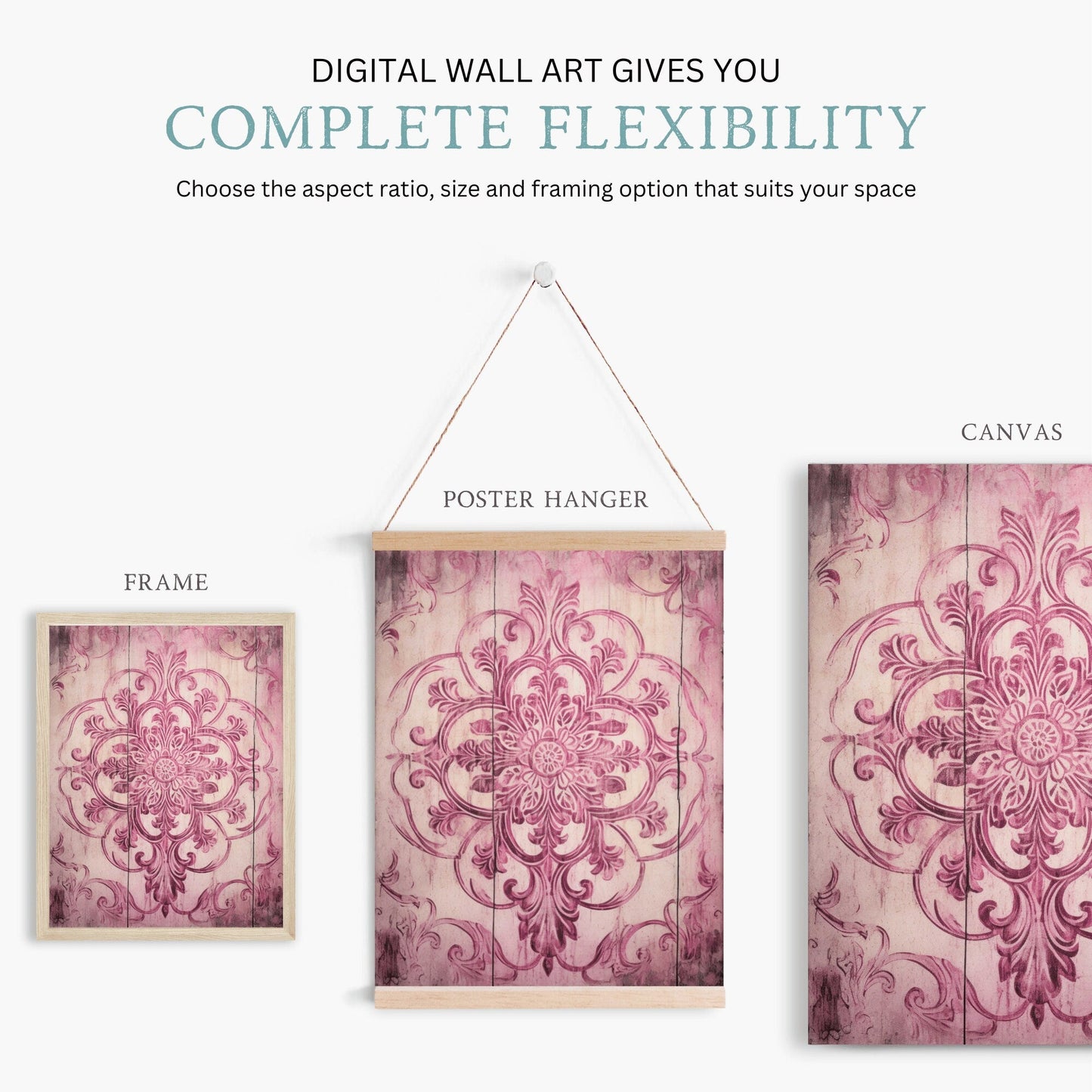 Pink Ornamental Design on Antique Wood, Rustic Farmhouse Wall Decor - WildfieldPrints