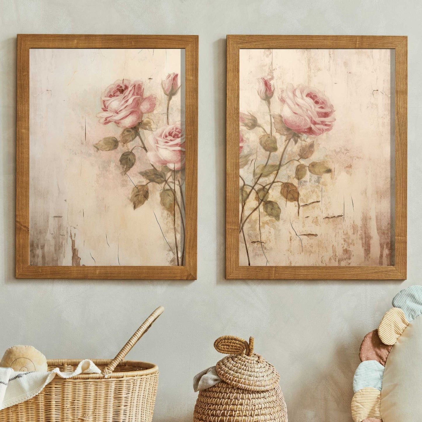Pink Rose Prints, Rustic Floral Decor, Vintage Roses Painting - WildfieldPrints
