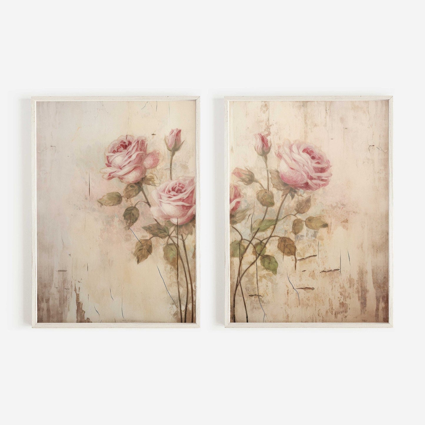 Pink Rose Prints, Rustic Floral Decor, Vintage Roses Painting - WildfieldPrints