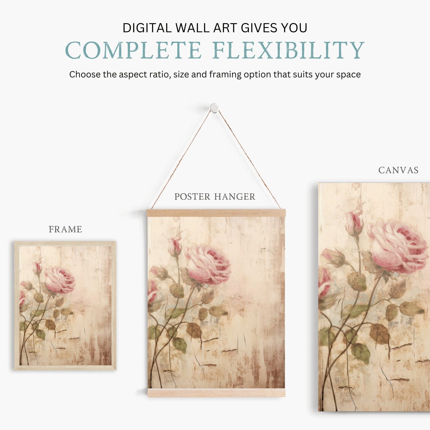 Pink Rose Prints, Rustic Floral Decor, Vintage Roses Painting - WildfieldPrints