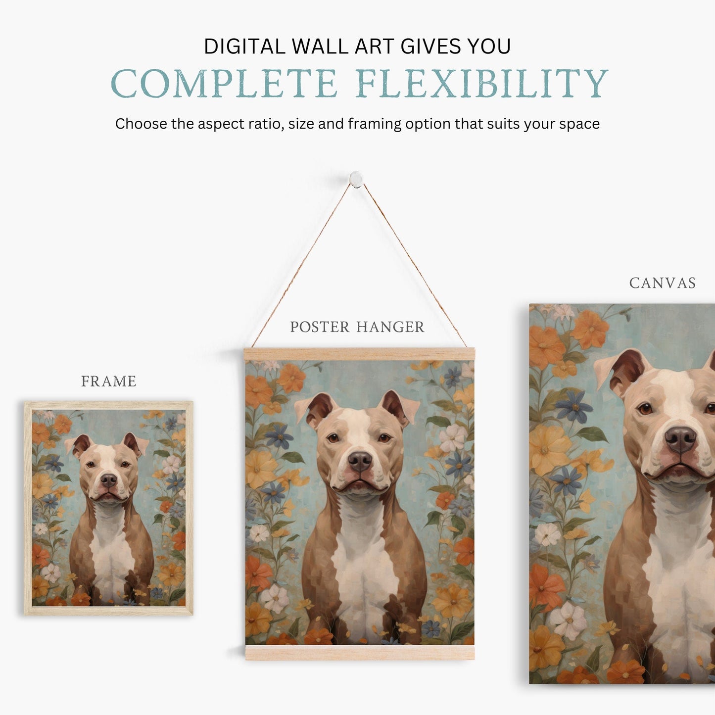 Pitbull Wall Art, Dog Lover Decor, Flowers and Portrait Print - WildfieldPrints