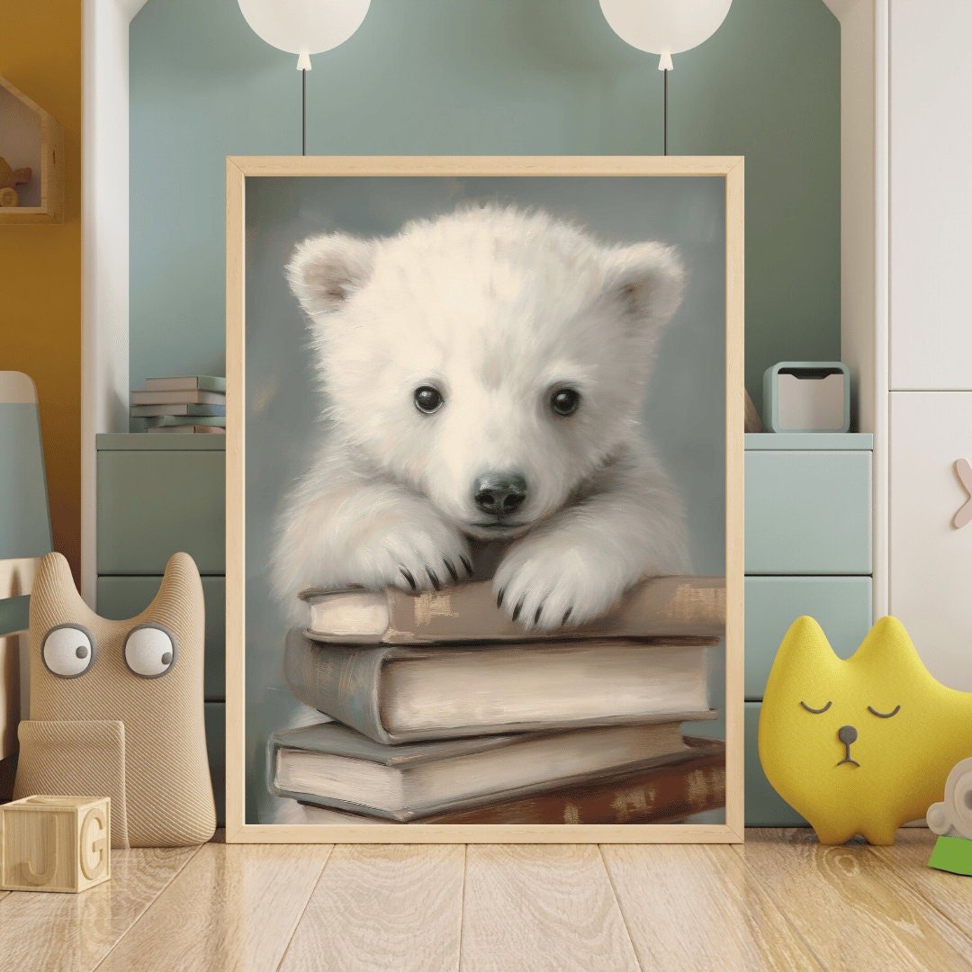 Polar Bear Cub Wall Art, Neutral Kids Room Decor, Reading Corner Decor - WildfieldPrints