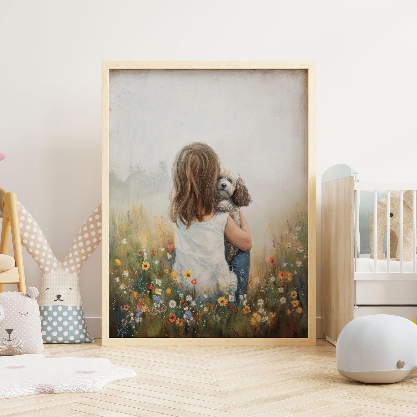 Poodle Nursery Decor, White Mini Poodle Wall Art, Girl & Dog Print - WildfieldPrints
