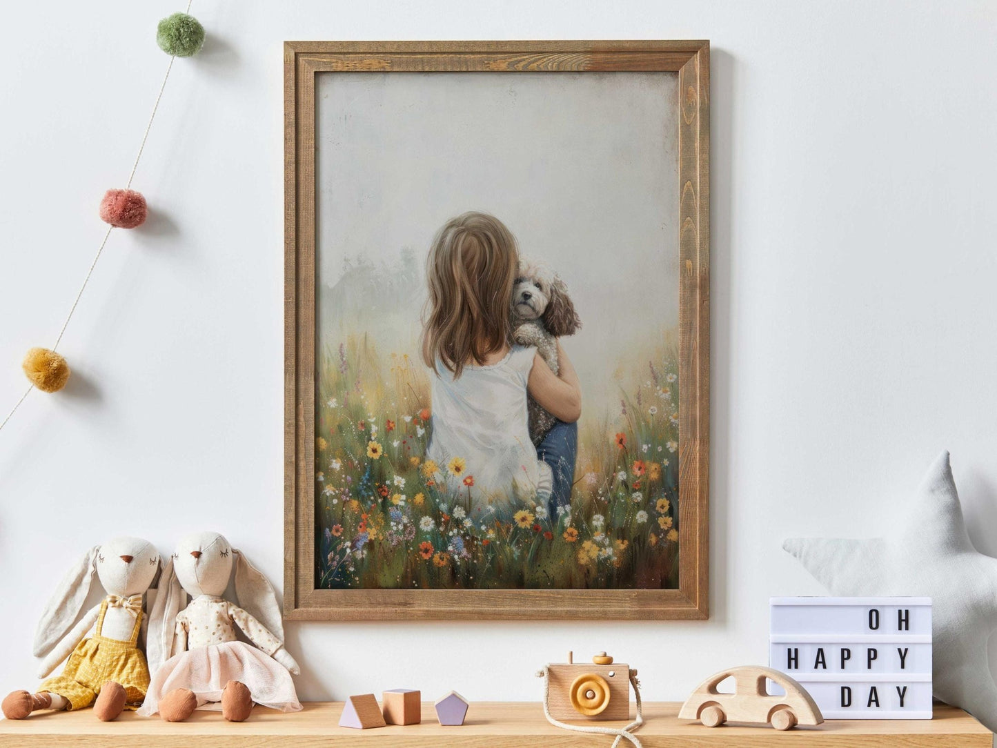Poodle Nursery Decor, White Mini Poodle Wall Art, Girl & Dog Print - WildfieldPrints