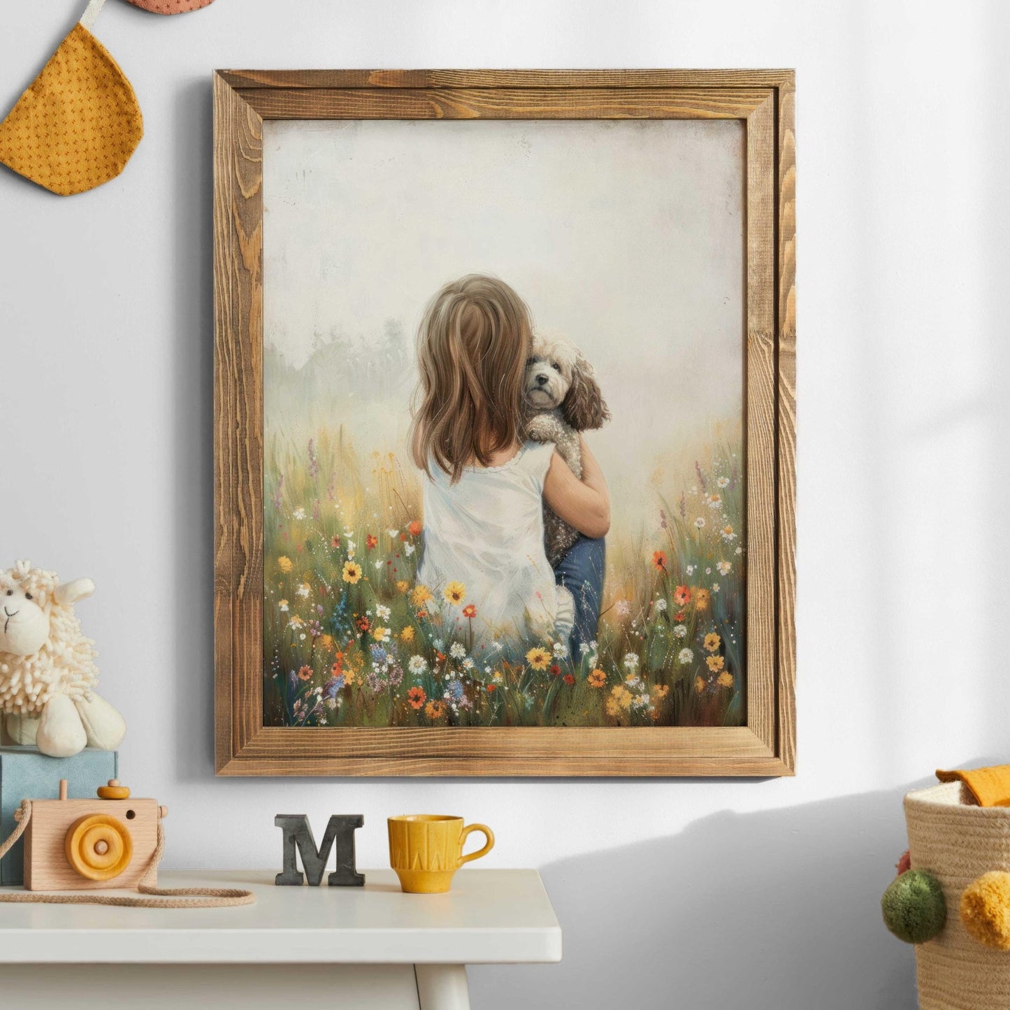 Poodle Nursery Decor, White Mini Poodle Wall Art, Girl & Dog Print - WildfieldPrints
