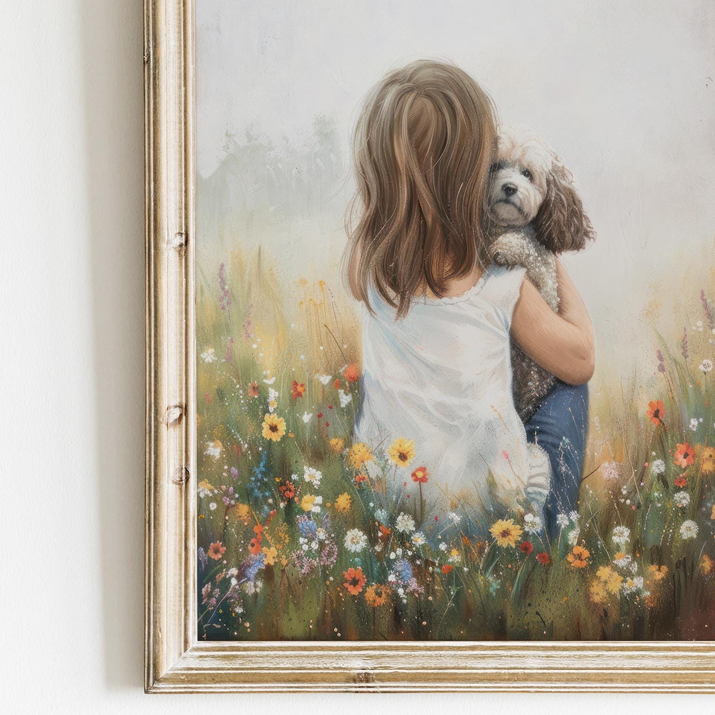 Poodle Nursery Decor, White Mini Poodle Wall Art, Girl & Dog Print - WildfieldPrints