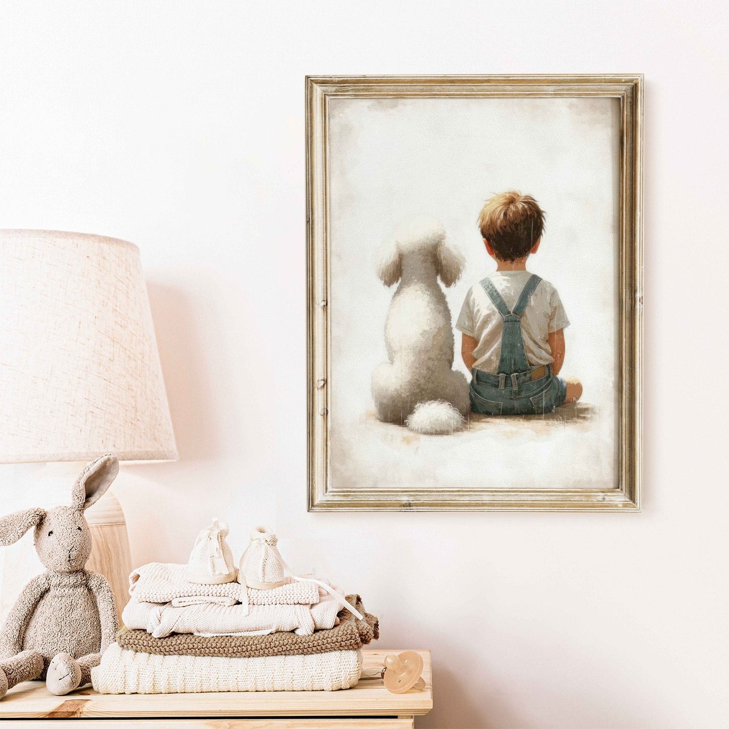Poodle Nursery Print, White Poodle Wall Art, Boy & Dog Decor - WildfieldPrints