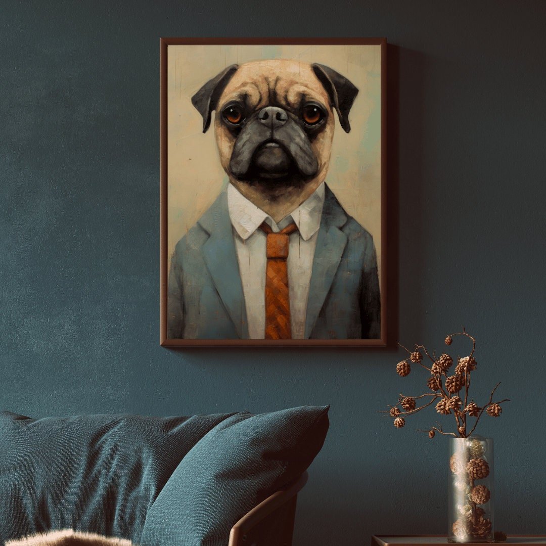 Pug Wall Art, Dapper Dog in Suit, Funny Home Decor - WildfieldPrints