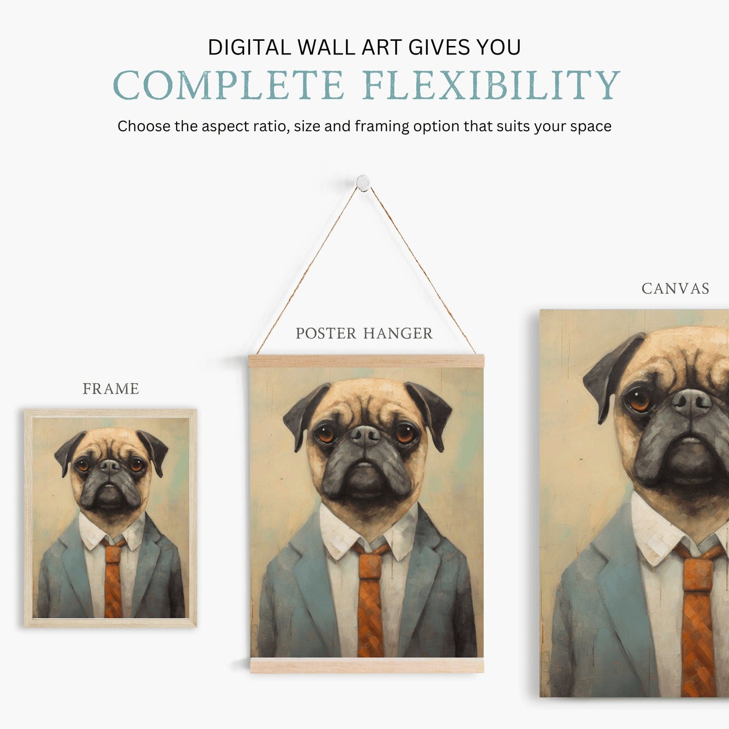 Pug Wall Art, Dapper Dog in Suit, Funny Home Decor - WildfieldPrints