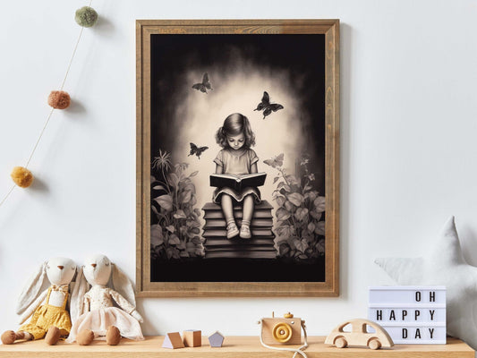 Reading Book Decor, Vintage Girls Room Print, Whimsical Artwork - WildfieldPrints