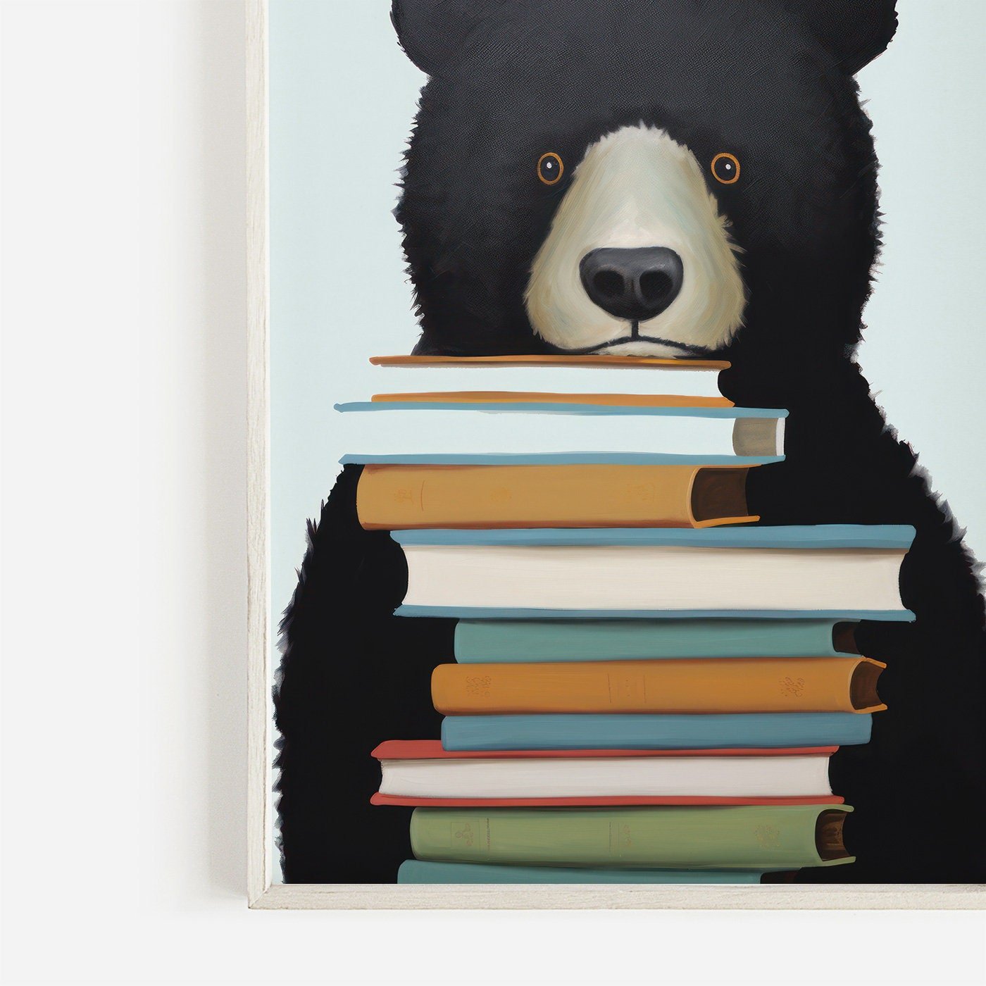 Reading Corner Decor, Bookshelf Wall Art, Black Bear Nursery Decor - WildfieldPrints