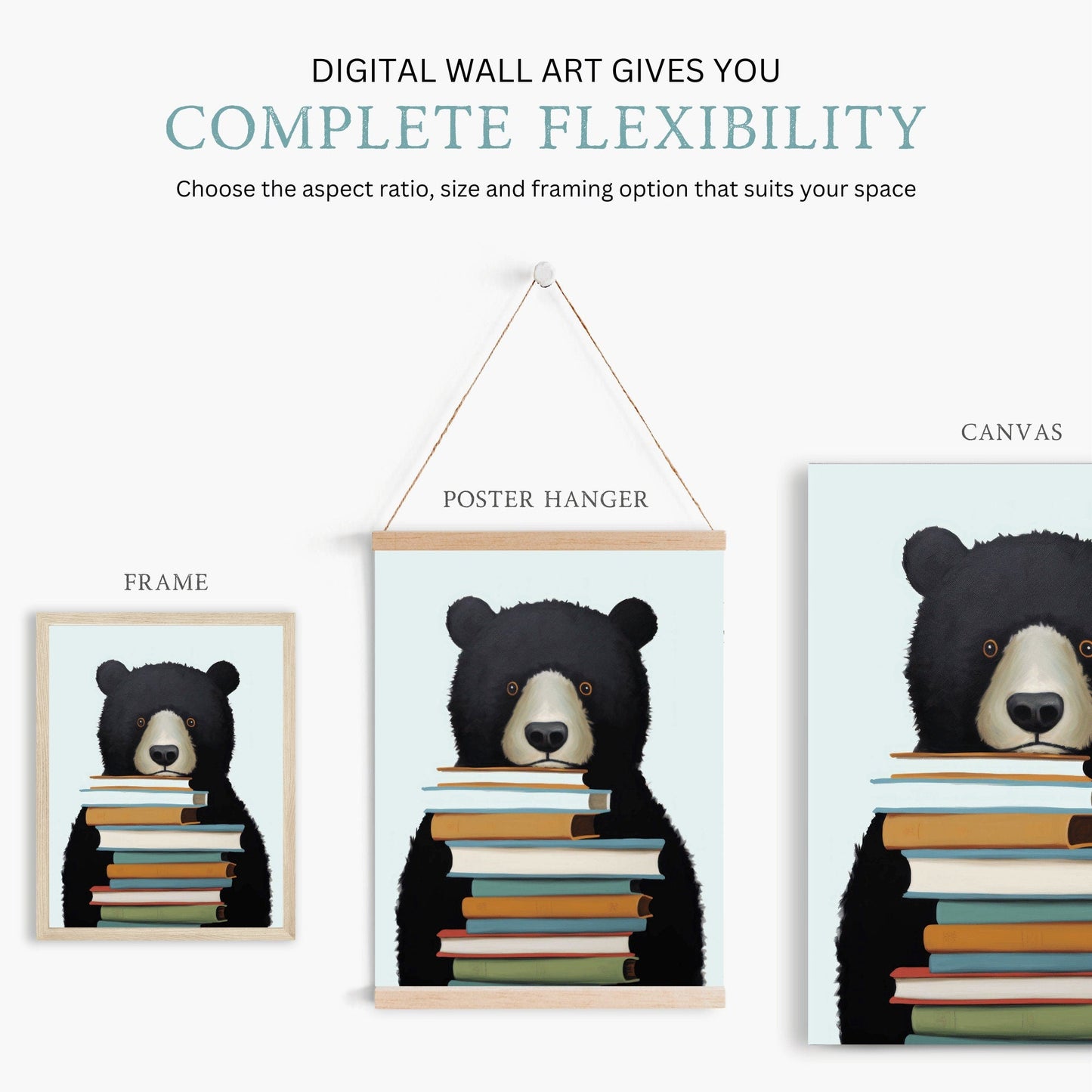 Reading Corner Decor, Bookshelf Wall Art, Black Bear Nursery Decor - WildfieldPrints