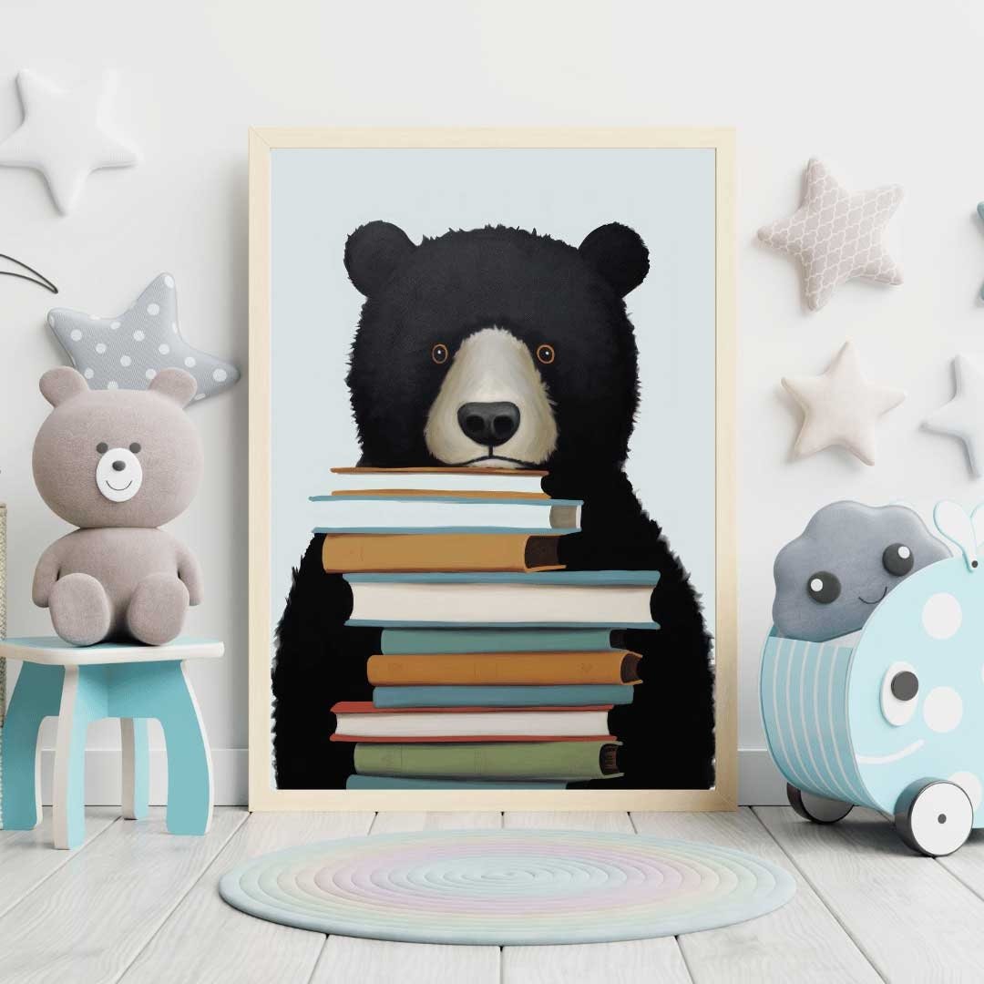 Reading Corner Decor, Bookshelf Wall Art, Black Bear Nursery Decor - WildfieldPrints