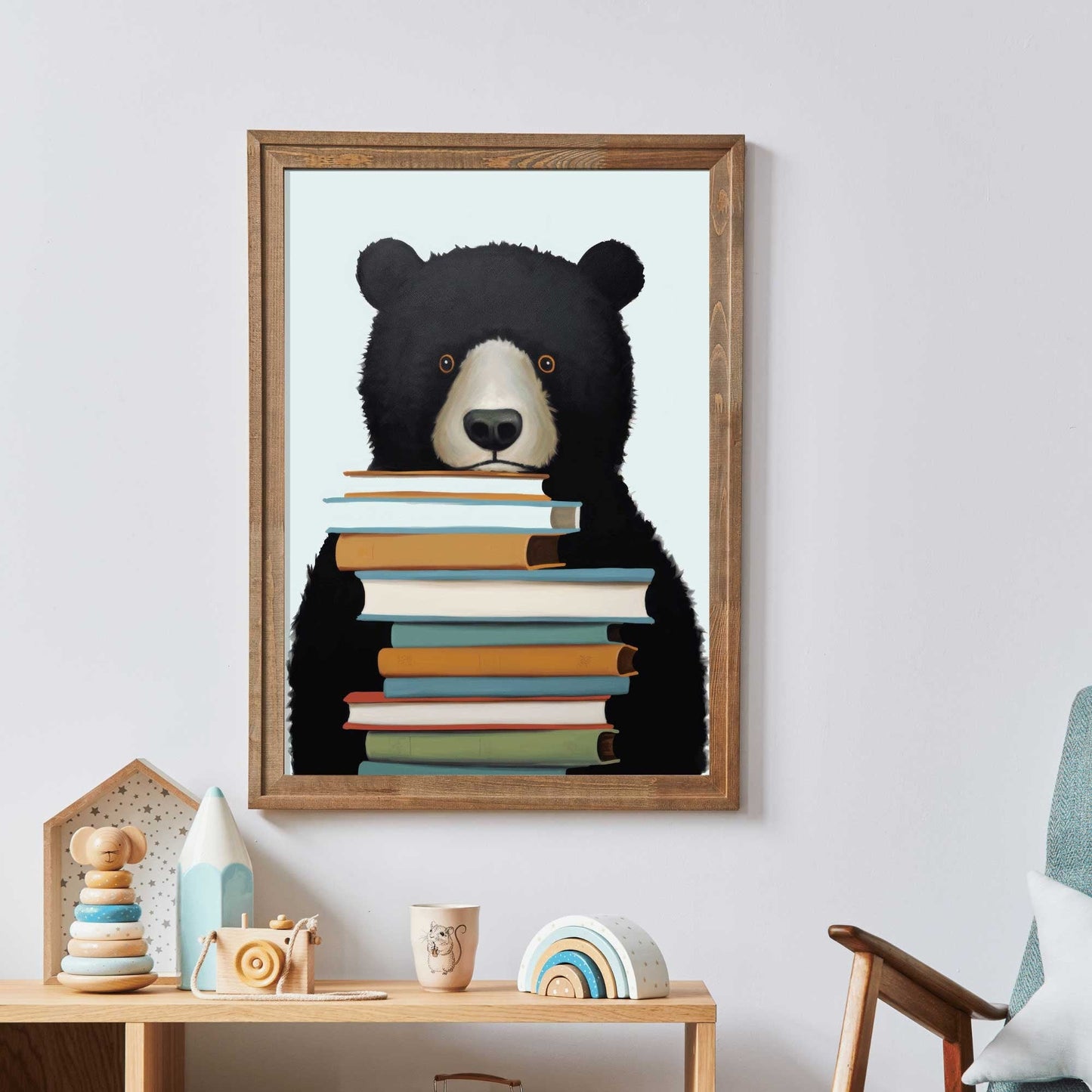 Reading Corner Decor, Bookshelf Wall Art, Black Bear Nursery Decor - WildfieldPrints