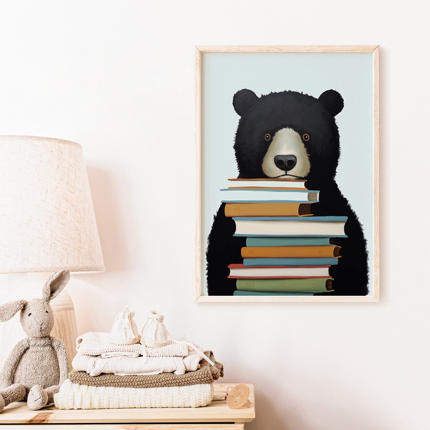 Reading Corner Decor, Bookshelf Wall Art, Black Bear Nursery Decor - WildfieldPrints