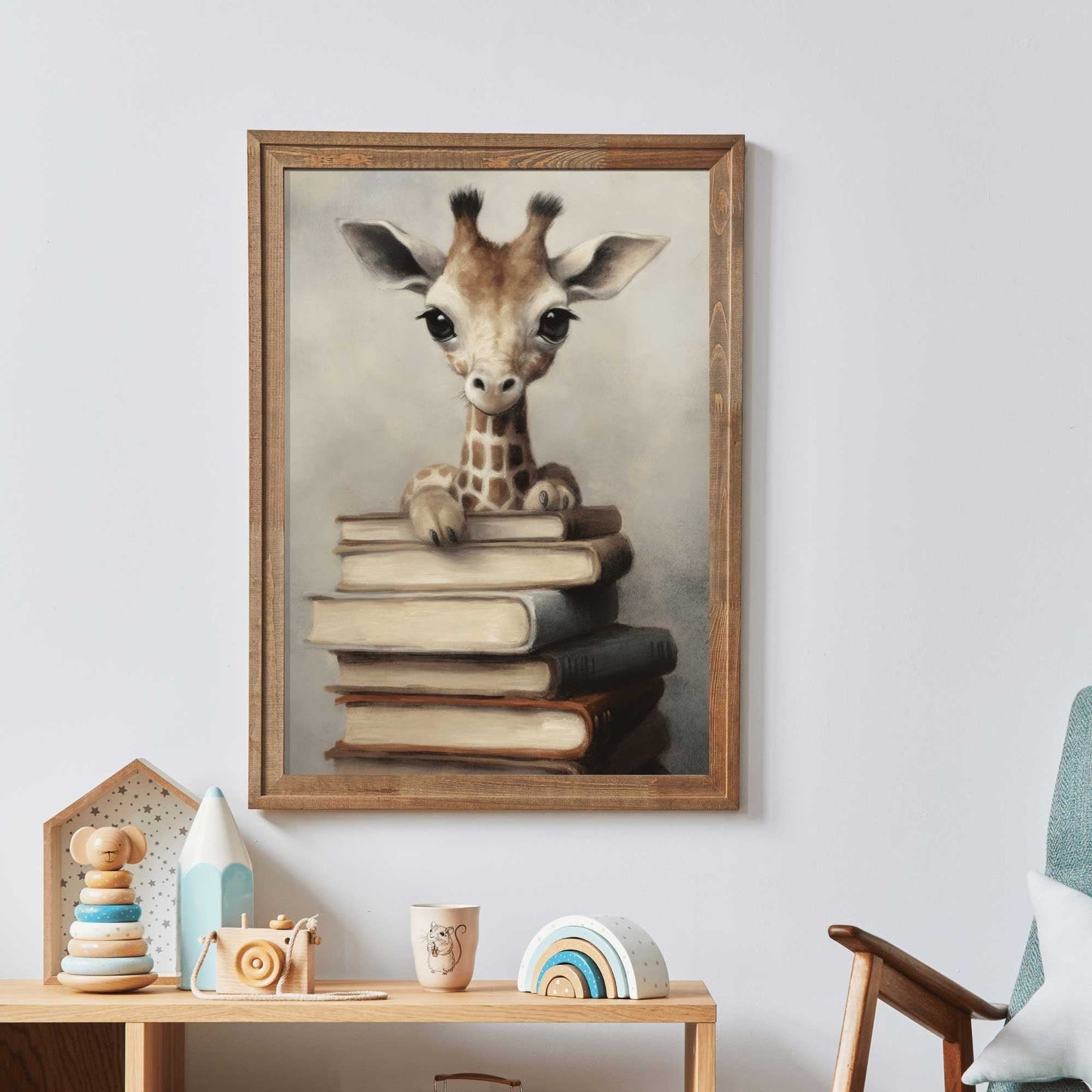 Reading Corner Wall Art, Vintage Giraffe & Books Decor, Kids Room - WildfieldPrints