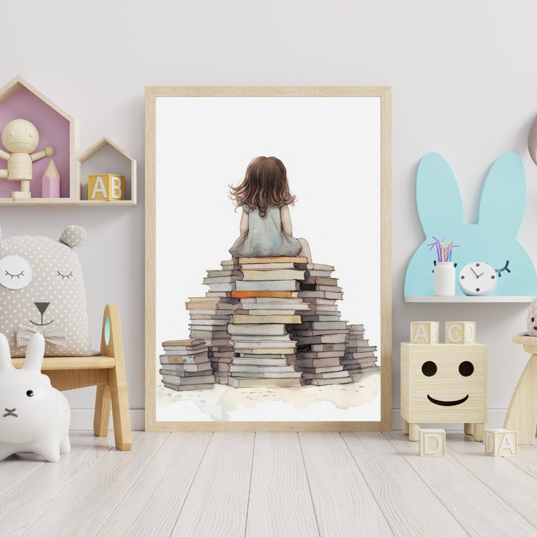Reading Girl Wall Art, Vintage Style Decor for Kids' Room - WildfieldPrints