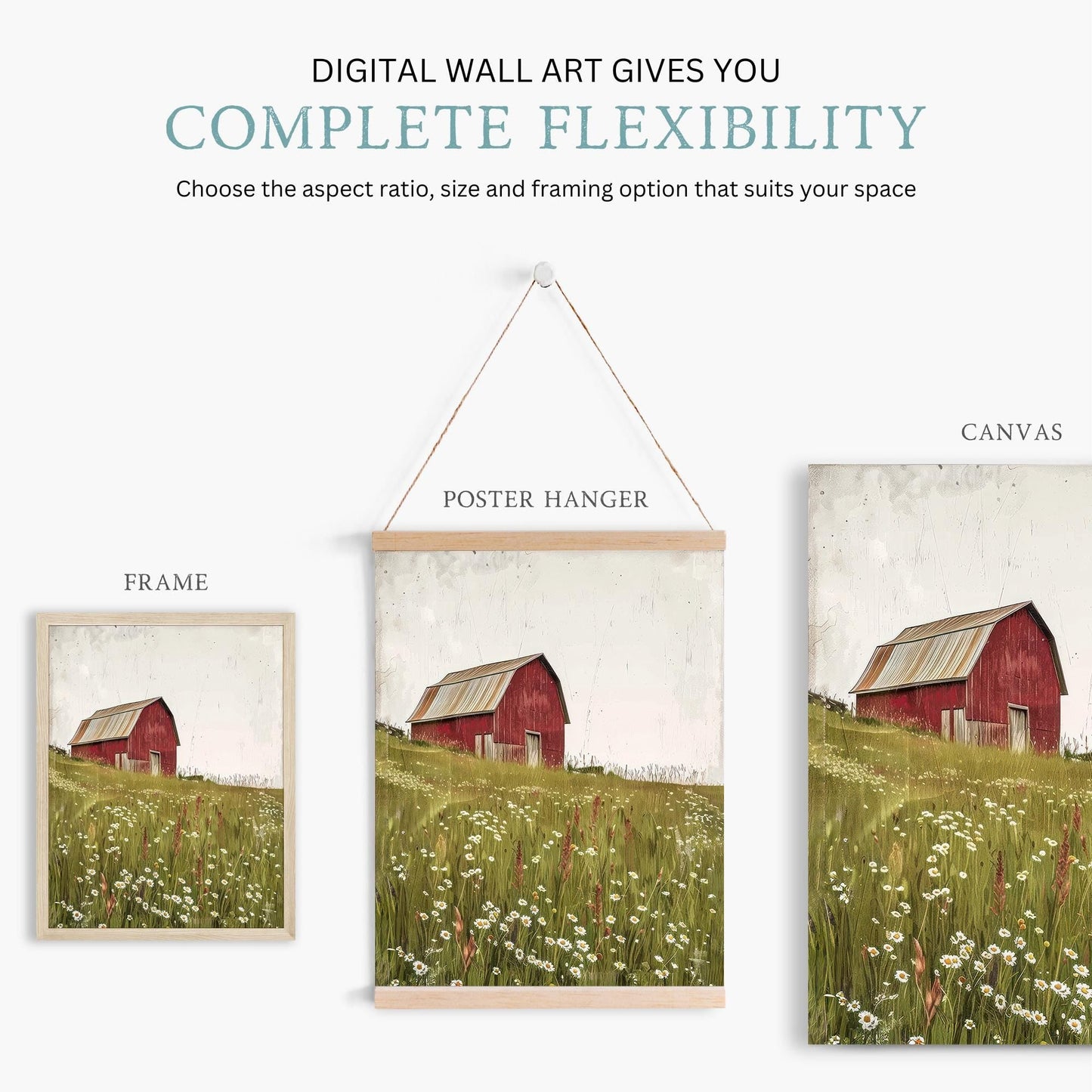 Red Barn Print, Vintage Farmhouse Decor, Farm Print, Wildflower Field, Countryside Landscape, Old Barn Painting,Printable Country Home Decor - My Store