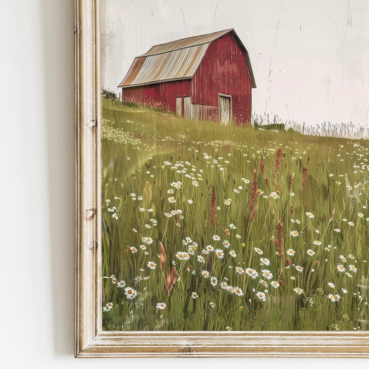Red Barn Print, Vintage Farmhouse Decor, Farm Print, Wildflower Field, Countryside Landscape, Old Barn Painting,Printable Country Home Decor - My Store