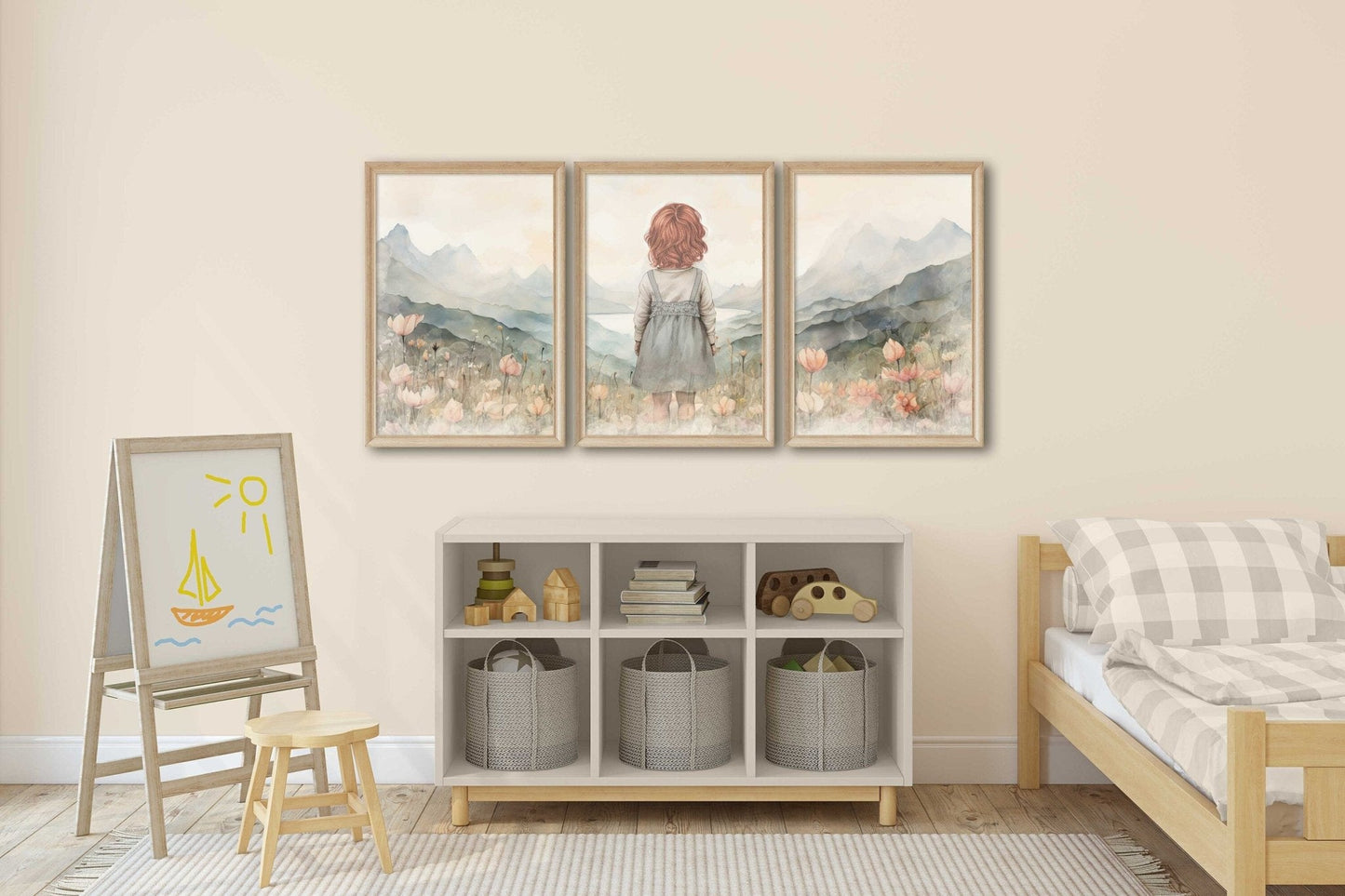 Red - Haired Girl Adventure Prints, Vintage Triptych, Muted Floral Decor - WildfieldPrints