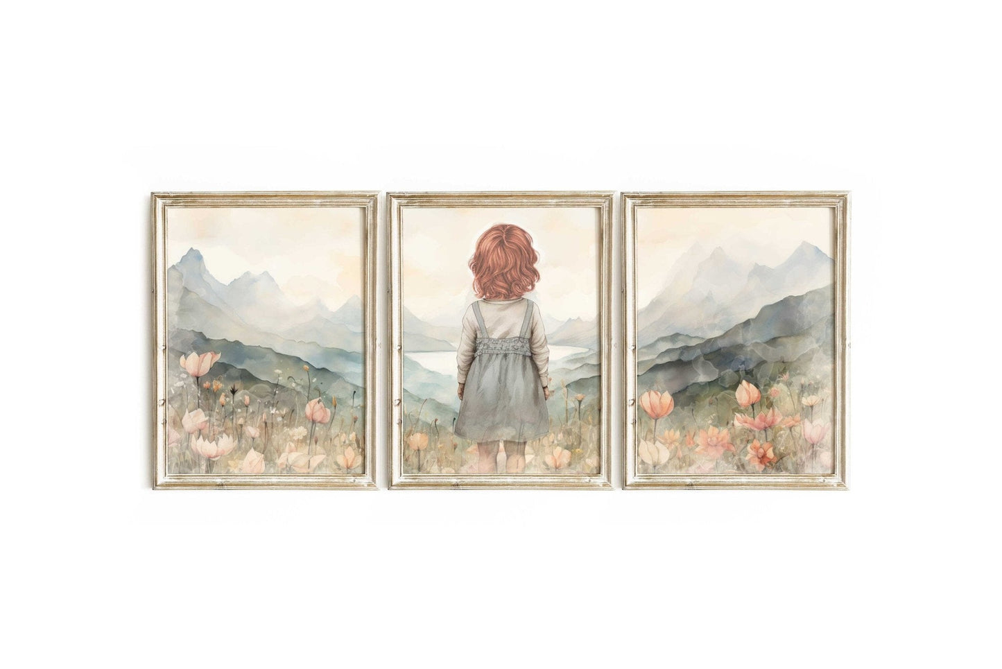 Red - Haired Girl Adventure Prints, Vintage Triptych, Muted Floral Decor - WildfieldPrints