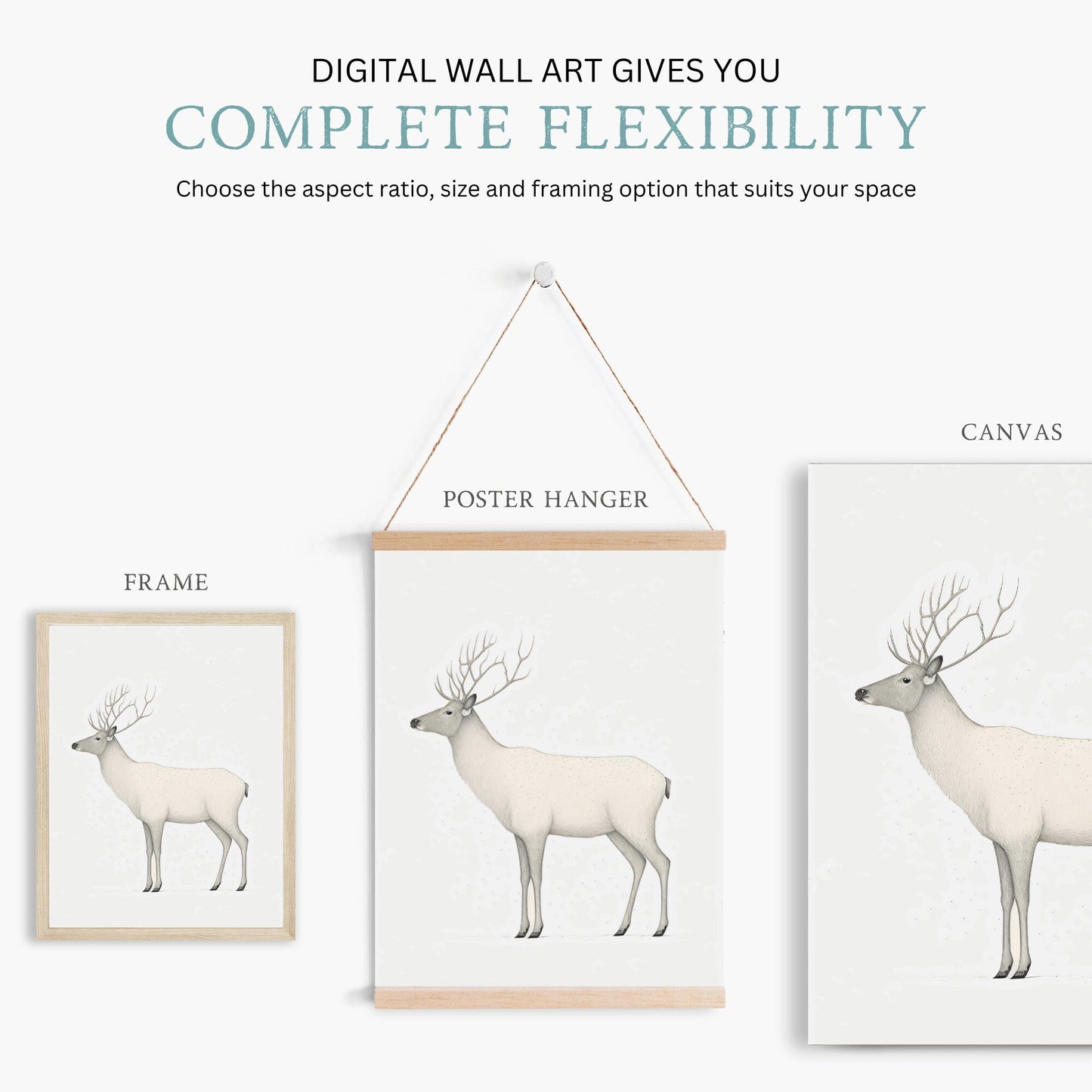 Reindeer Art Print, Minimalist Animal Design, Nordic Farmhouse Decor - WildfieldPrints