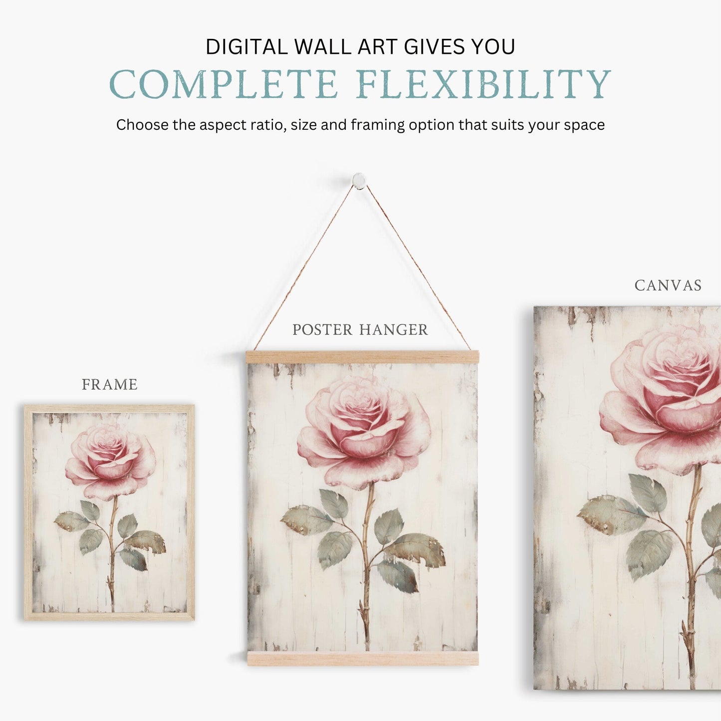 Rose Print, Pink Floral Art, Rustic Farmhouse Wall Decor - WildfieldPrints
