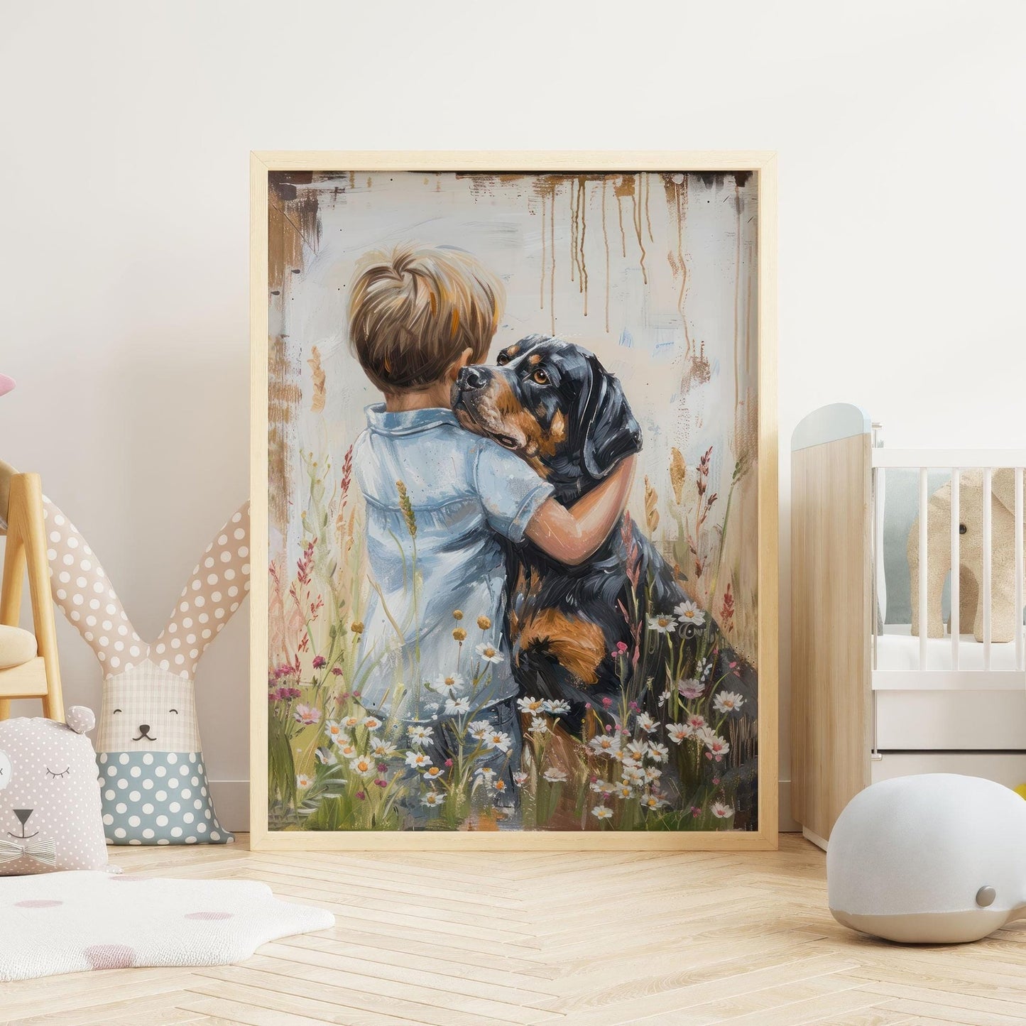 Rottweiler Art Print, Boy & Dog Decor, Pet Wall Artwork - WildfieldPrints