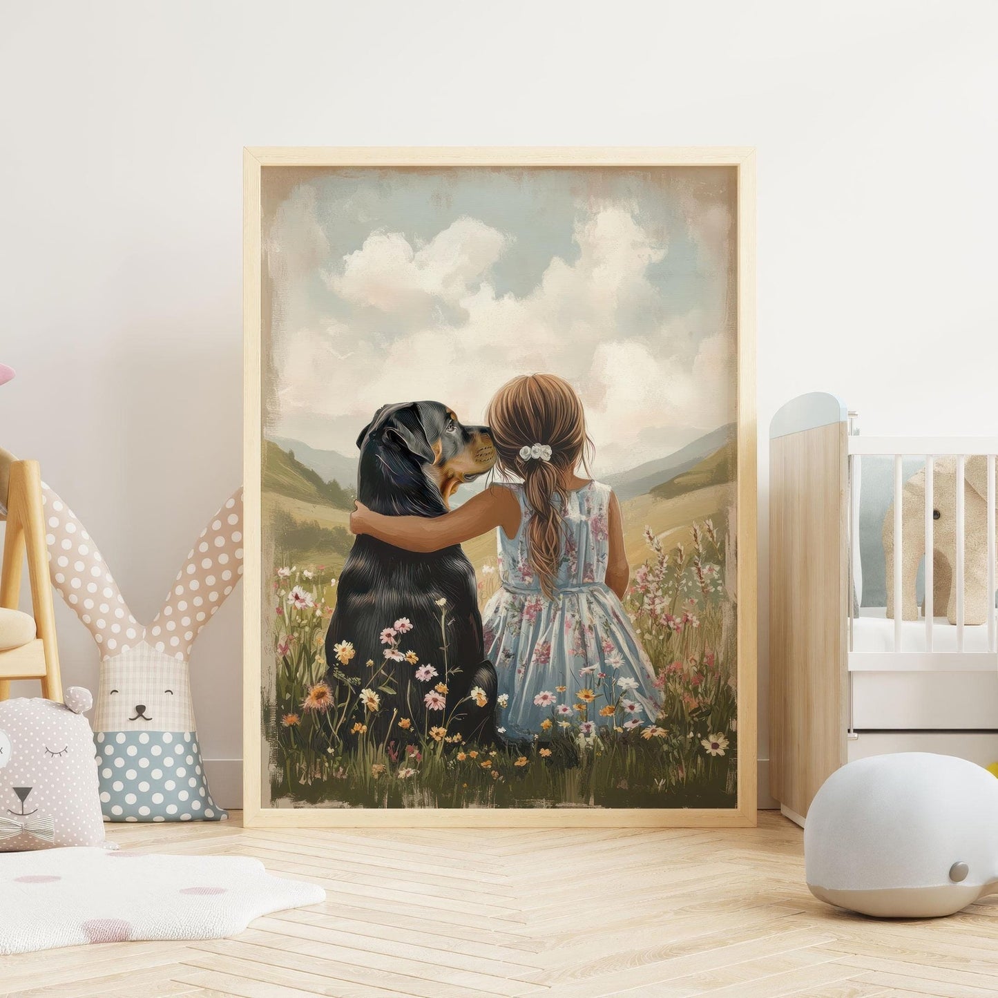 Rottweiler Nursery Art, Girl & Dog Wall Decor, Rottie Print - WildfieldPrints