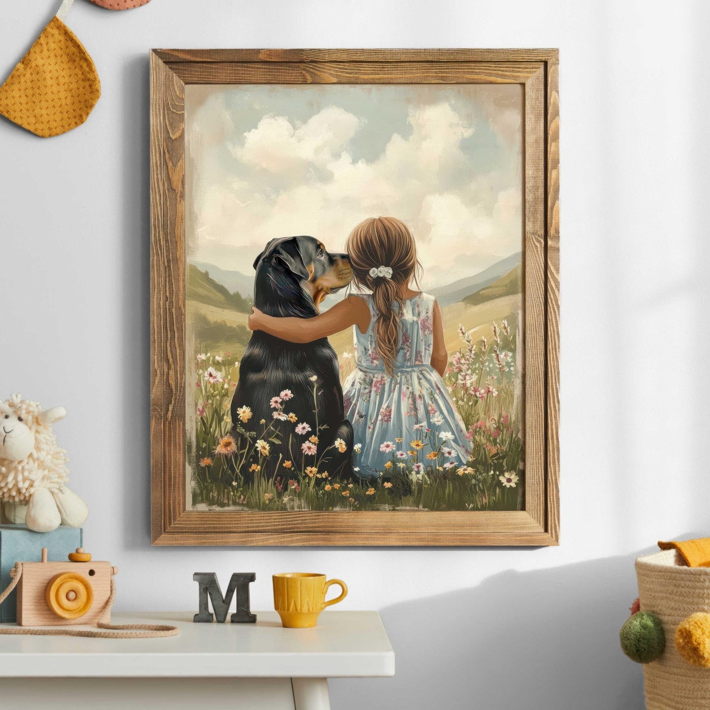 Rottweiler Nursery Art, Girl & Dog Wall Decor, Rottie Print - WildfieldPrints