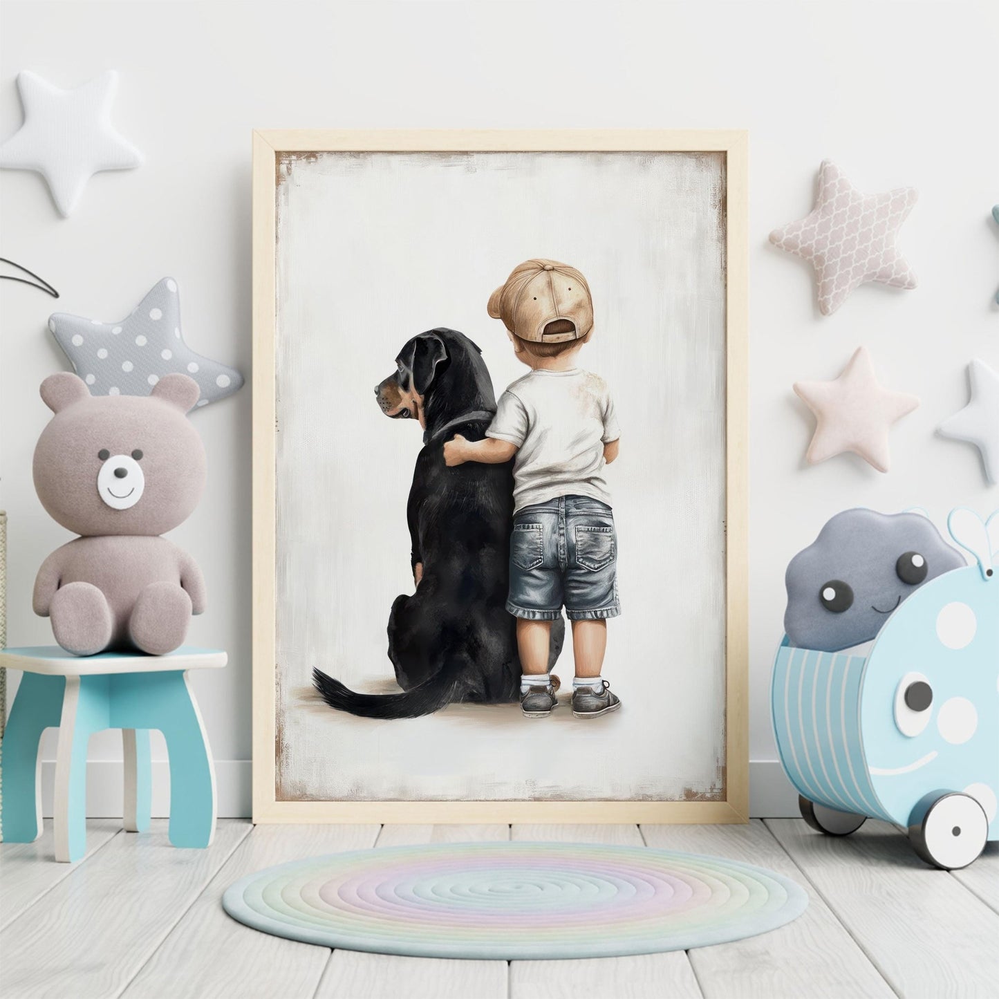 Rottweiler Nursery Decor, Boy & Dog Art Print, Cute Canine Wall Art - WildfieldPrints